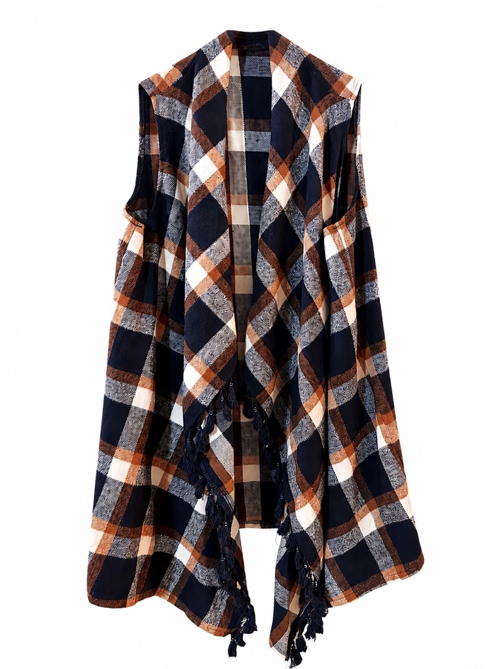 Plaid Fringe Open Front shawl vest